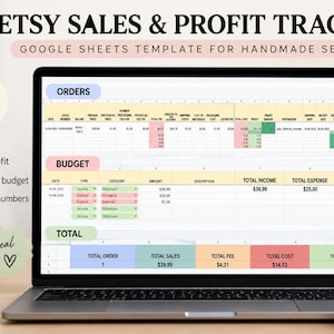 May include: A laptop screen displaying an Etsy Sales & Profit Tracker Google Sheets template. The spreadsheet features sections for orders, budget, and totals with columns for dates, fees, costs, and profits. Text includes Etsy Sales & Profit Tracker.