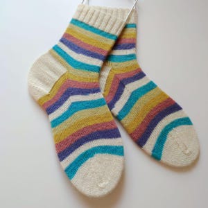 Colorful wool socks women hand knitted socks striped knit socks gift for her cozy soft socks size 39 rainbow wool socks