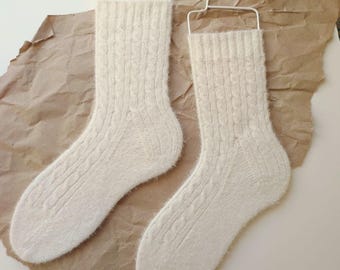 Hand Knitted Socks Cream Wool Socks Fuzzy Socks Handmade Socks Cozy Socks Gift for Her