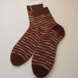 Hand Knit Socks, Men's Wool Socks, Striped Knit Socks, Wool Blend Socks, Handmade Warm Socks Size 46-47 image 1
