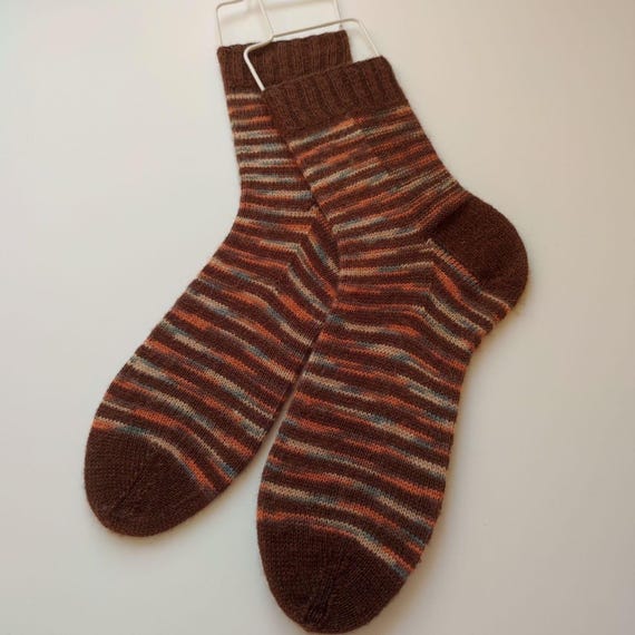Hand Knit Socks, Men's Wool Socks, Striped Knit Socks, Wool Blend Socks, Handmade Warm Socks Size 46-47
