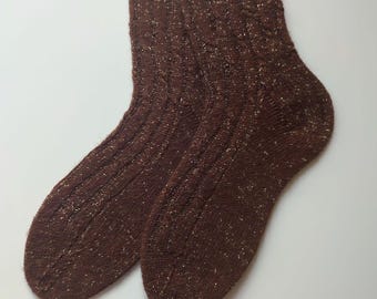 Handgebreide sokken, bruine kanten sokken, sokken van wolmix, lurex gebreide sokken, handgemaakte damessokken maat 38-39