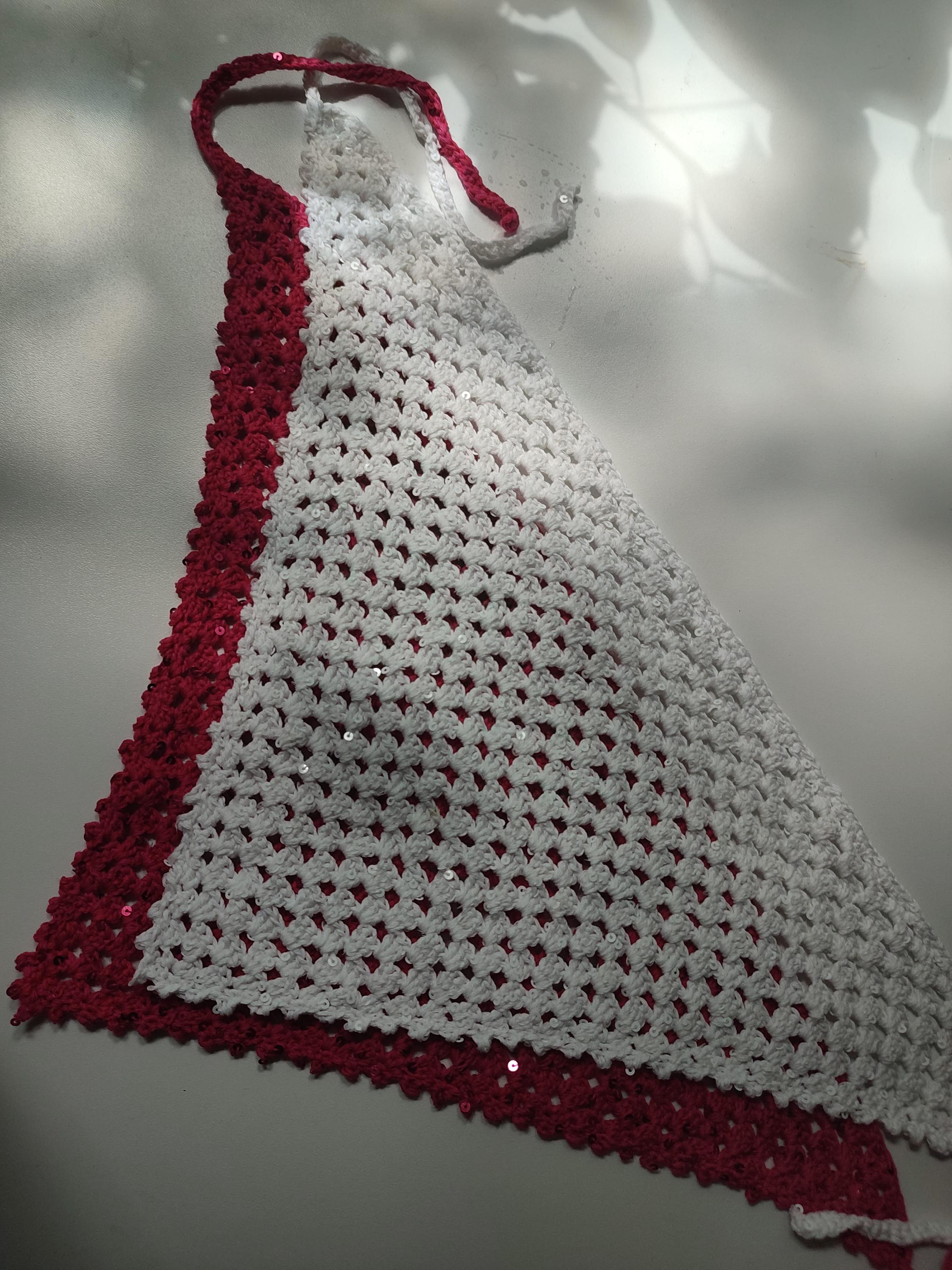 Hand made crochet triangle cotton bandana head scarf white w/silver tiny sequins Skull Crocheted Headscraf Gift Set Triangle Headband Knitted  main image 3