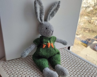 Handmade Knitted Bunny Plush – Soft Decorative Rabbit Toy in Green Outfit with Carrots