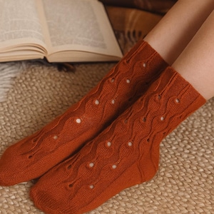Lace wool socks women terracotta knit socks hand knitted socks gift for her cozy soft socks warm elegant socks handmade