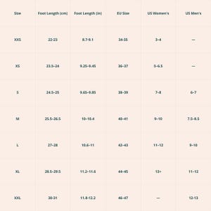 May include: A light-coloured sizing chart table with dark text columns labelled Size, Foot Length (cm), Foot Length (in), EU Size, US Women's, and US Men's. The grid displays numerical ranges for sizes XXS through XXL, providing corresponding measurements.