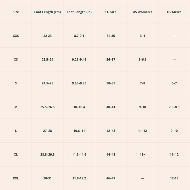 May include: A light-coloured sizing chart table with dark text columns labelled Size, Foot Length (cm), Foot Length (in), EU Size, US Women's, and US Men's. The grid displays numerical ranges for sizes XXS through XXL, providing corresponding measurements.