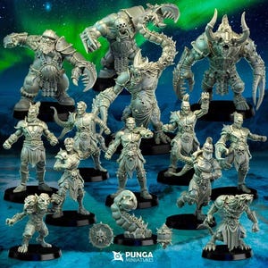 Puede incluir: Una colección de miniaturas de juegos de mesa de fantasía en color gris que representan diversas criaturas monstruosas, guerreros y bestias con armaduras y texturas detalladas. Las figuras están sobre bases negras, con el logo de Punga Miniatures abajo.