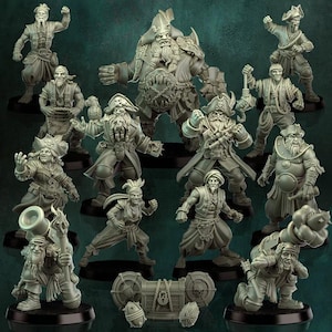 May include: A collection of twelve grey miniature pirate figurines in various poses, including a large central figure, several standing pirates, a kneeling figure with a cannon, and a small treasure chest with two round objects on a dark base.