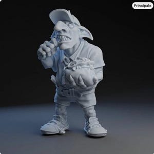 May include: A light grey figurine of a goblin wearing a cap, shirt, shorts, and trainers. The goblin is holding a bag of coins and eating something. The figurine has a detailed design with visible teeth and a belt.