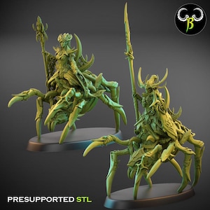 Pode incluir: Duas miniaturas em verde claro representando cavaleiros blindados montados em grandes criaturas aracnídeas de várias pernas. Cada cavaleiro segura uma arma longa e pontiaguda. As figuras estão em bases ovais com o texto PRESUPPORTED STL.