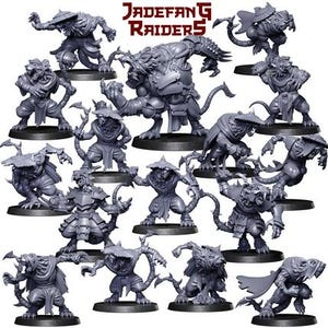 May include: A collection of gray miniature figurines of fantasy creatures, including rat-like humanoids and monstrous beasts. The figurines are posed in dynamic action stances, with intricate details and textures. The text "Jadefang Raiders" is at the top.