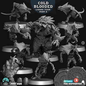 Può includere: Una collezione di miniature dettagliate, in tonalità grigie, stampate in 3D di creature simili a lucertole. Le figure variano per dimensioni e posa, alcune con ali. Il testo "COLD BLOODED LIZARD TEAM PART 2" è visibile. Le miniature sono su basi circolari.