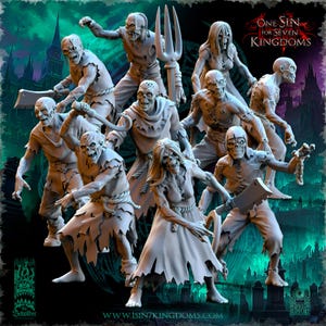 May include: A collection of gray zombie figurines, some holding weapons like cleavers and pitchforks. The figures are dressed in tattered clothing, with visible skeletal features. The background features a dark, gothic-style cityscape and the text "One Sin for Seven Kingdoms".