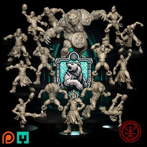 May include: A selection of miniature figurines, including warriors and a large bear-like creature, in dynamic poses. A shield with a bear emblem is central. The figures are in a neutral colour, set against a dark background.