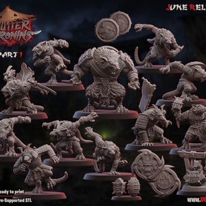 May include: A collection of grey miniature rat warrior figurines in various combat poses, featuring armor, swords, and shields. The image includes text reading Gutter Ronins Part 1, June Release 2026, and UGNI. The figures are displayed on circular bases.
