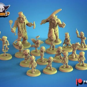 Puede incluir: Una colección de figuras en miniatura en varias poses, incluyendo figuras con sombreros de copa, sosteniendo herramientas y empuñando armas. Las figuras son de color marrón claro y están sobre un fondo azul. El logo "CALAVERA3D" es visible.
