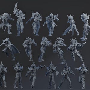 Peut inclure: Ensemble de figurines fantastiques grises en poses dynamiques. Les figurines sont détaillées avec des armures, des armes et des postures d'action, adaptées aux jeux de table ou à l'exposition. Les figurines sont toutes de couleur grise.