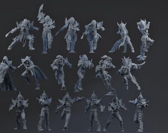 May include: A collection of gray fantasy miniatures in various action poses. The figures are detailed with armor, weapons, and dynamic stances, suitable for tabletop gaming or display. The figures are all in a gray color.