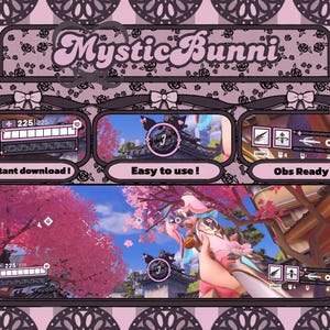 以下が含まれることがあります： 「Mystic Bunni」の文字が入ったピンクと黒のデジタルオーバーレイ。オーバーレイには、ゲームインターフェース要素と「Instant download!」、「Easy to use!」、「Obs Ready!」の文字が入った3つのセクションがあります。