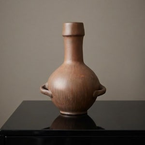 Op de afbeelding: Een bruine terracotta vaas met een rond lichaam, een smalle hals en twee kleine handvatten aan de zijkanten. Het oppervlak van het vat heeft een matte, aardse textuur met subtiele kleurvariaties, een brede basis en een dikke, cilindrische rand.