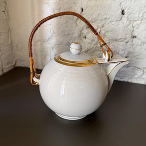 Vintage Limoges Art Deco Teapot with Gold Trim and Rattan Handle, Elegant White Porcelain Tea Kettle for Home Decor or Serving