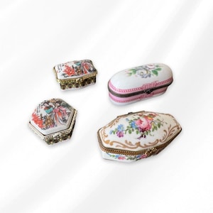 Vintage Porcelain Trinket Boxes, Limoges Hinged Jewelry Box, Japanese Geisha Octagonal Box, Floral Pill Box, Vanity Decor Gift, Gift for Her