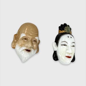 Pines japoneses vintage Toshikane BENZAITEN y FUKUROKUJU, máscaras de cerámica japonesas vintage de la década de 1940, joyería asiática vintage, regalo para ella