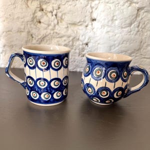 Vintage Polish Pottery Mug, Boleslawiec Bunzlau Style Ceramic Mugs, Peacock Pattern, Handmade Cups, Farmhouse Kitchen Decor, Made in Poland