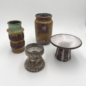 Vintage Fat Lava Glaze Vase and Candle Holder Collection, Brutalist Midcentury West Germany Pottery