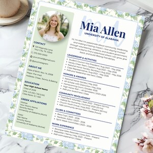 May include: A resume template featuring a photo of Mia Allen and the University of Alabama logo. The document includes sections for contact details, education, and work experience, with a floral border design.
