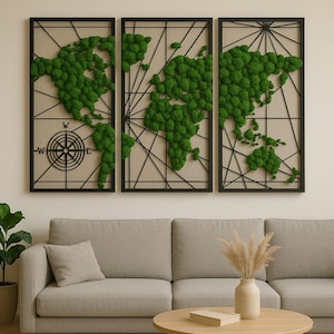 Triptychon Moos Weltkarte 3 Teile Bonsai Lucky Premium Designzimmer Wandkunst Entspannendes modernes Bild Holz Design Konserviert Rentier Vertikal