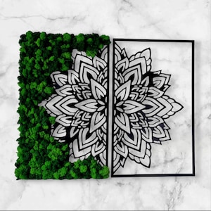 Moss Wall Art Decor Moss2  Parts Flower Mandala Premium Design Room Wall Art Relaxing Modern Picture Wood Design Preserved Reindeer Vertical