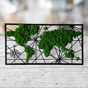 Weltkarte Moos 40 x 100 cm Bonsai Lucky Decor Premium Designzimmer Wandkunst Entspannendes modernes Bild Holzdesign Konserviert Rentier Vertikal