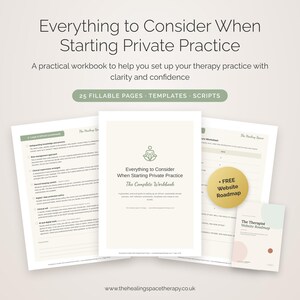 Pode incluir: Um livro de exercícios digital intitulado Everything to Consider When Starting Private Practice, com 25 páginas preenchíveis, modelos e scripts. Inclui um documento Therapist Website Roadmap e um emblema circular dourado.