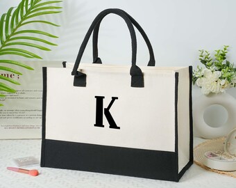 Personalized Beach Tote Bag,Monogram Bridesmaid Tote Bag, Bridesmaid Gift Tote, Custom Beach Bag Gift for Her A-Z - Black