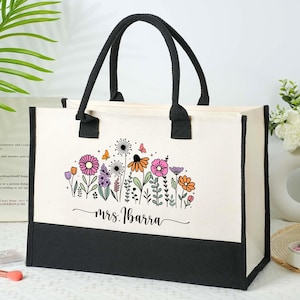Personalized Teacher Appreciation Canvas Tote Bag: Floral Design