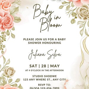 Convite Baby in Bloom: Modelo de Chá de Bebê Floral Editável – Download Digital para Momentos Elegantes e Memoráveis
