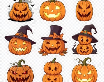 Halloween Pumpkin PNG, Jack-o-Lantern Clipart Bundle, Spooky Season Shirt Design, Fall Decor Sublimation, Digital Download Gift