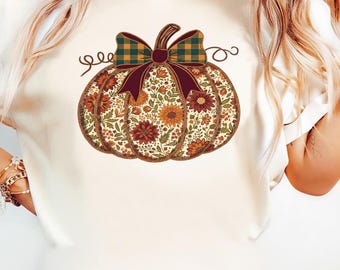 Floral Pumpkin PNG, Gingham Bow Fall Sublimation Design, Autumn Clipart, Farmhouse Fall PNG, Thanksgiving Sublimation, Digital Download