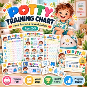Op de afbeelding: Een zindelijkheidstraining-set met voortgangstracker, routinegids, beloningskaart en certificaat. De kleurrijke afbeeldingen tonen een kind op een potje, toiletpictogrammen en sterren. Tekst: Potty Training Chart, My Potty Progress Tracker, Potty Routine, Potty Reward Chart, I Did It.