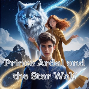 May include: A fantasy book cover featuring a young man with blue eyes, a white wolf with blue eyes, and a woman with long red hair. The text on the cover reads "Prince Ardal and the Star Wolf".
