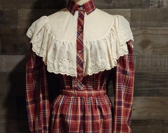 Vintage Western Skirt Two Piece Outfit by Millie | Plaid Prairie Skirt and Blouse | Label Size 11/12 - See Actual Measurements Listed