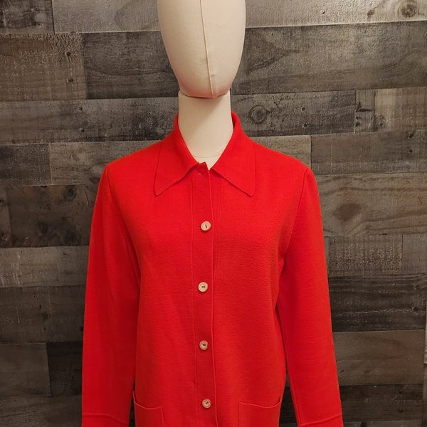 Vintage Red Knit Sweater | Woven Knit Cardigan Sweater with Pockets