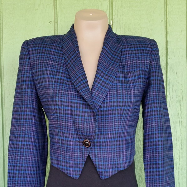 1980's Crop Blazer, Houndstooth Print and Padded Shoulders, Blue and Purple Houndstooth, Size Small