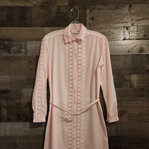 May include: A light pink dress with long sleeves and a button-up front, hanging on a metal hanger. The dress features delicate lace detailing down the front and on the sleeves, with a matching belt. The background is a wooden wall.