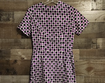 Vintage 1960's Short Sleeve Sheath Dress | Purple Black and White Sheath Dress | Small