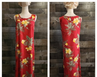 Vintage Hawaiian Print Dress by La Cabana | Red and Yellow Hawaiian Dress | Label Size Medium - See Mesaurements