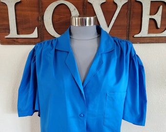 Vintage Short Sleeve Blouse - Medium Blue Blouse |  XL - See Measurements