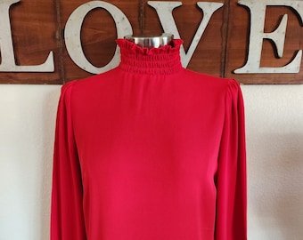 Vintage Red Blouse with Ruffled Collar and Cuffs - Red Petite Blouse by Worthington - PS
